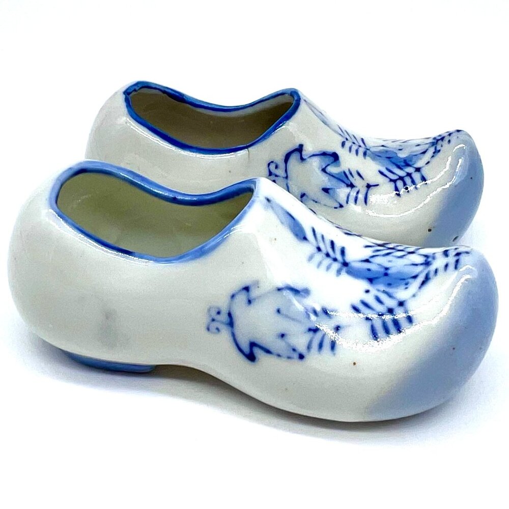 Vintage Blue White Porcelain Clog Figurines Pair Japan Floral